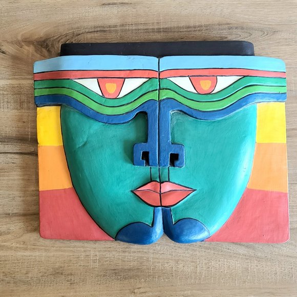 Wooden Abstract Multicolored Face Wall Hanging. Looks like Laurel Burch. - Picture 2 of 5